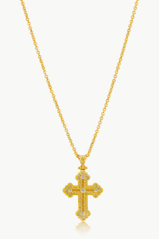 Gold-plated cross pendant necklace with white/clear zircon stones made in Greece, vintage-inspired cross necklace, 18k gold-plated sterling silver 925 sustainable jewelry brand, Greek jewelry, Greek orthodox jewelry, handmade jewelry 