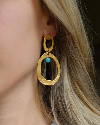 Gold drop earring with a turquoise howlite stone made in Greece. Statement earrings, greek jewelry