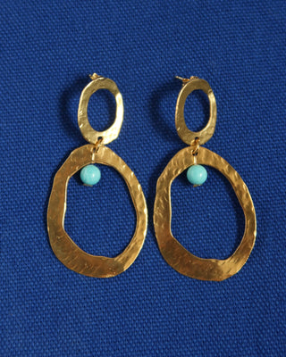 Gold drop earrings with a turquoise howlite stone made in Greece. Statement earrings, greek jewelry