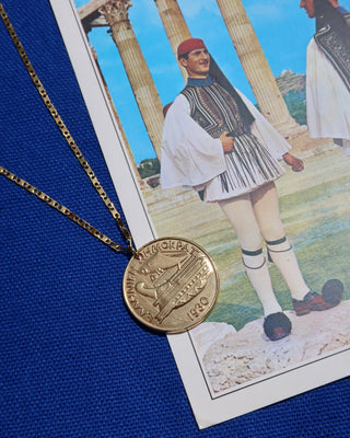 Greek drachma coin pendant necklace. Gold-plated drachma replica coin necklace handmade in Athens, Greece. Greek jewelry 