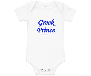 cotton white baby onesie one-piece bodysuit with blue "Greek Prince" text with the Greek flag 