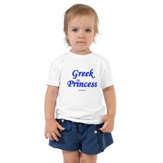 Toddler child wearing a white t-shirt with 'Greek Princess' text on a white background