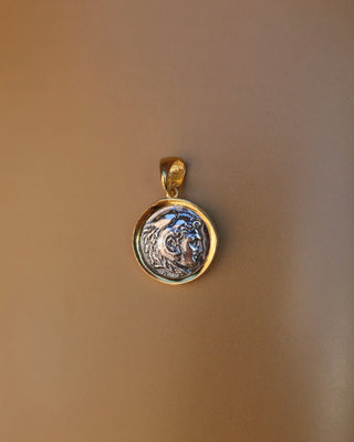 18k gold-plated sterling silver ancient Greek coin replica pendant of Heracles / Hercules wearing a lion skin with bale made in Greece