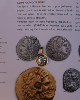 18k gold-plated sterling silver ancient Greek coin replica pendant of Heracles / Hercules wearing a lion skin with bale made in Greece