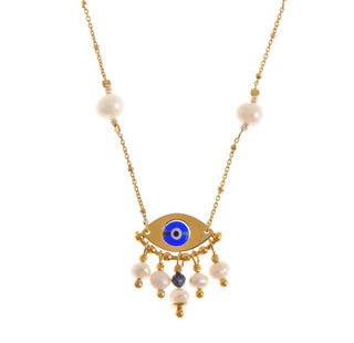 Gold-plated necklace made in Greece with freshwater pearls and an evil eye pendant with a blue quartz stone at Aegean Essence