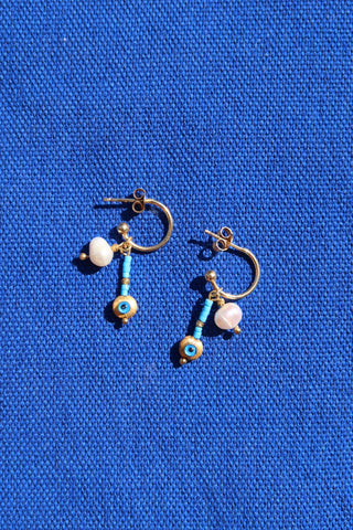 Gold-plated silver 926 mini hoop earrings with freshwater pearls and evil eye charms made in Greece - Greek jewelry 