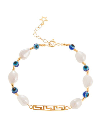 Freshwater pearl and evil eye bracelet with a gold-plated meander Greek key meandros design at Aegean Essence