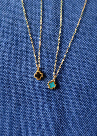 14k gold-plated sterling silver mini cross necklaces in either black or turquoise with enamel paint handmade in Greece. Greek jewelry, black cross necklace, turquoise cross necklace