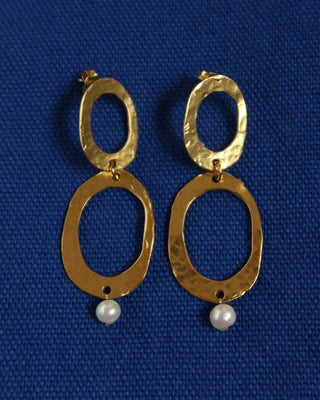 Gold oval drop earrings with a freshwater pearl made in Greece, Greek jewelry statement earrings