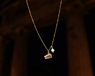Gold-plated parthenon necklace featuring a charm of the Greek Parthenon and a freshwater pearl made in Greece - Greek jewelry at Aegean Essence