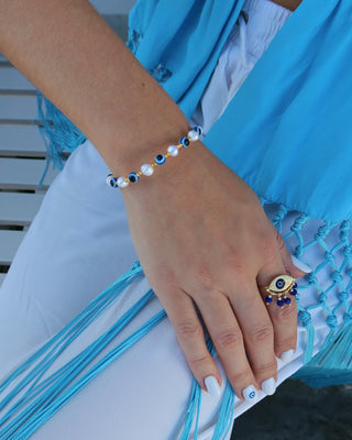 Freshwater pearl and blue evil eye bead bracelet made in Greece - Greek jewelry at Aegean Essence