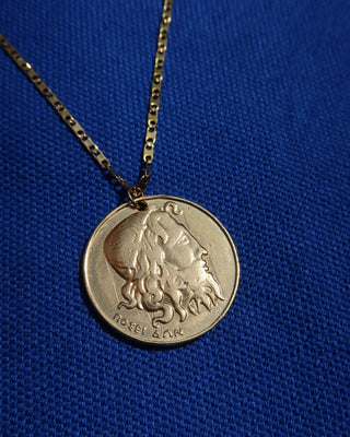 Greek drachma coin pendant necklace with Poseidon Greek God of the Sea. Gold-plated drachma replica coin necklace handmade in Athens, Greece. Greek jewelry 