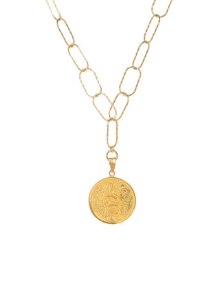 24k gold-plated sterling silver 925 snake coin necklace on a hoop chain made in Athens, Greece by Greek designer jewelry brand Zenais. Snake necklace, serpent necklace, coin necklace, handcrafted jewelry made in Greece at Aegean Essence
