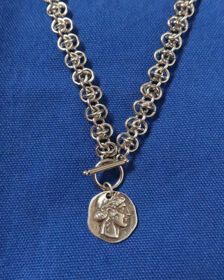 Silver chain necklace with a toggle front and replica coin of Ancient Greek goddess Athena made in Greece, Greek jewelry