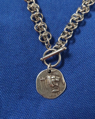 Silver chain necklace with a toggle front and replica coin of Ancient Greek goddess Athena  and roaring lion made in Greece, Greek jewelry