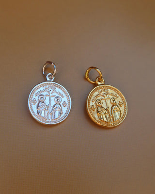 Silver and gold round pendants with Saints Constantine and Helen made in Greece, Greek Orthodox religion pendants