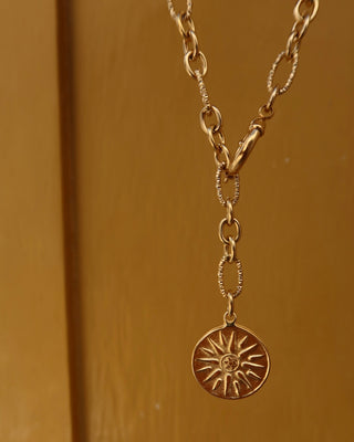 Gold chain necklace with a vergina Sun round pendant on a chunky chain lariat Y necklace made in Greece. Ancient Greek jewelry