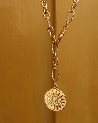 Gold chain necklace with a vergina Sun round pendant on a chunky chain lariat Y necklace made in Greece. Ancient Greek jewelry