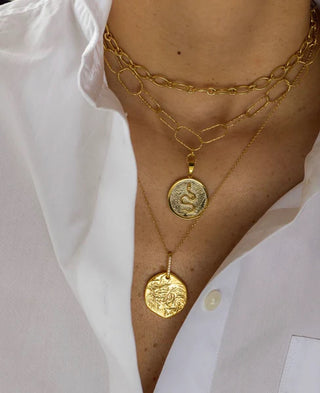 24k gold-plated sterling silver 925 snake coin necklace on a hoop chain made in Athens, Greece by Greek designer jewelry brand Zenais. Snake necklace, serpent necklace, coin necklace, handcrafted jewelry made in Greece at Aegean Essence