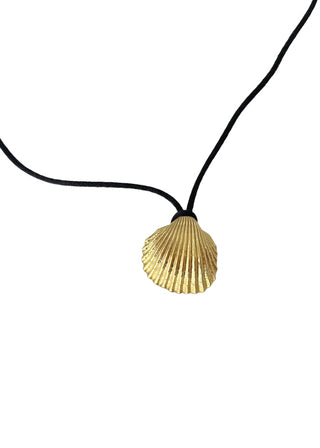 Black silky cord necklace with a gold-plated shell pendant, made in Greece by Greek jewelry brand Zenais.