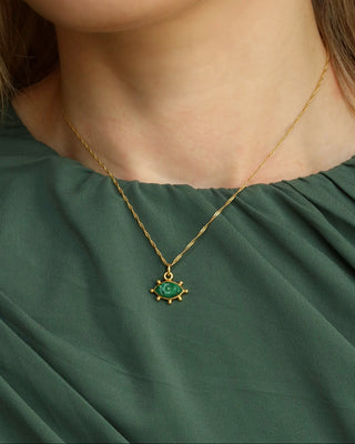 Gold-plated sterling silver 925 necklace with a green adventurine evil eye gemstone pendant handmade in Greece. Greek protection jewelry