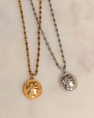 A gold and a silver coin necklace with Alexander the Great, ancient Greek coin necklaces