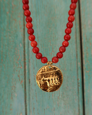 Red agate gemstone necklace with a gold Arethusa water nymph Greek mythology coin made in Greece
