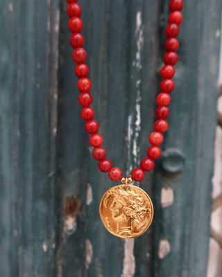 Red agate gemstone necklace with a gold Arethusa water nymph Greek mythology coin made in Greece