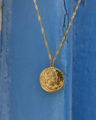 Ancient Greek goddess Artemis coin necklace handmade in Greece, gold-plated necklace. Greek mythology jewelry, ancient greek history coin jewelry