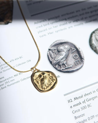 Gold necklace with coin pendant featuring greek goddess Athena's Owl of widsom from tetradrachm ancient Greek coins. Coin necklace made in Greece, Greek jewelry mythology-inspired