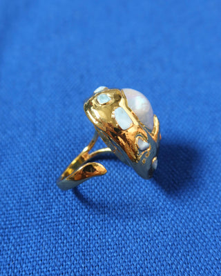 Gold-plated brass open band adjustable ring with a jumbo baroque freshwater pearl and gemstones made in Greece, Greek jewelry