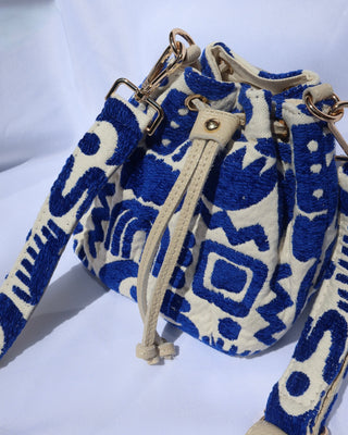 Woven Bucket Crossbody Bag - Blue Symbols Design