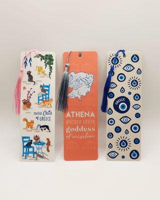 Three bookmarks with unique Greek designs, including "cats of greece," "Athena ancient greek goddess of wisdom," and blue evil eyes