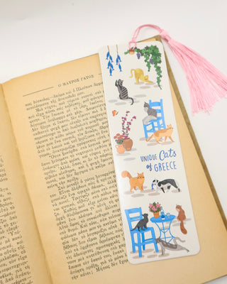 Bookmark with cat illustrations that says "Unique Cats of Greece" on a book page