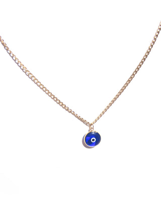 Necklace with a round blue glass evil eye pendant with a gold chain