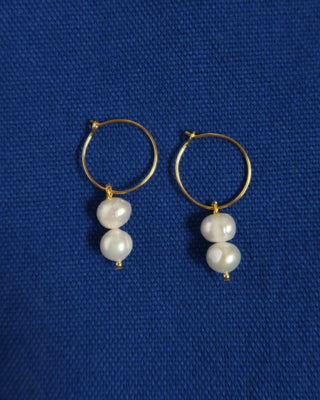 Gold hoop earrings with freshwater pearl drops handmade in Greece, greek jewelry