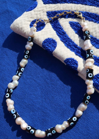 Freshwater pearl and evil eye necklace handmade in Greece. Greek protection jewelry. Trendy Greek jewelry, evil eye jewelry, unique jewelry, Greek gifts, one-of-a-kind necklace 