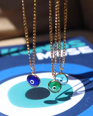 Glass evil eye pendant necklaces with gold chains made in Greece, Greek mati jewelry