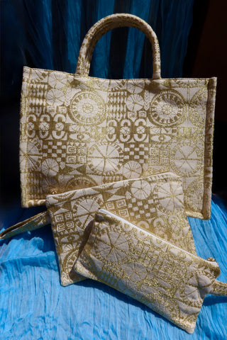 Gold woven cotton handbags and clutches made in Greece. Metallic gold pattern print Greek fashion. 