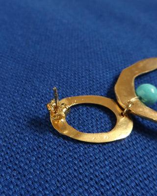 Gold hoop drop earrings with a turquoise howlite stone 