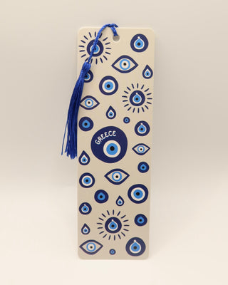 Bookmark with blue evil eye pattern and blue tassel made in Greece. Greek mati bookmark
