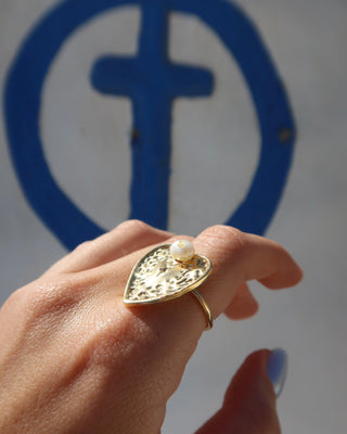 Gold heart shape ring with a freshwater pearl and a cross engraved on it made in Greece, Greek jewelry handmade