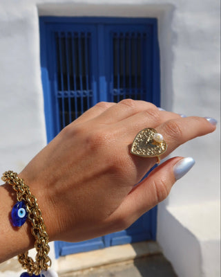 Gold heart shape ring with a freshwater pearl and a cross engraved on it made in Greece, Greek jewelry handmade