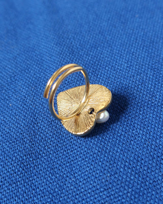 Gold heart shape ring with a freshwater pearl and a cross engraved on it made in Greece, Greek jewelry handmade