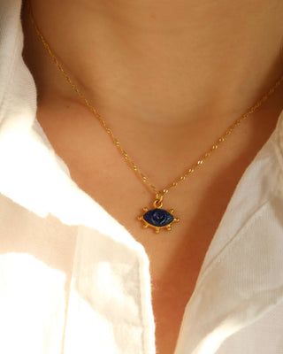 Gold-plated sterling silver 925 necklace with a lapis lazuli gemstone evil eye pendant on a twisted Singapore chain made in Greece. Handmade Greek protection jewelry