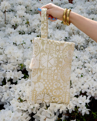 Cotton clutch bag handcrafted in Greece. Metallic gold printed clutch bag zippered pouch with wrist strap and a tassel on the zipper closure. Wristlet bag Greek fashion