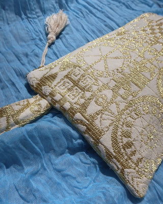 Cotton clutch bag handcrafted in Greece. Metallic gold printed clutch bag zippered pouch with wrist strap and a tassel on the zipper closure. Wristlet bag Greek fashion