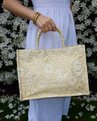Woven gold metallic cotton large tote bag handmade in Greece. Greek fashion artisan bag with gold motif design featuring evil eyes, Greek key meanders, etc. Large handbag made in Greece