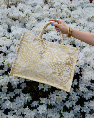 Woven gold metallic cotton large tote bag handmade in Greece. Greek fashion artisan bag with gold motif design featuring evil eyes, Greek key meanders, etc. Large handbag made in Greece