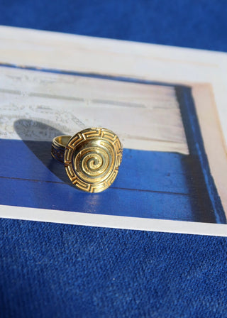 Gold-plated sterling silver 925 adjustable ring made in Greece with a Greek key meander and spiral design. Adjustable spiral ring with open back to fit any ring size. Greek jewelry with symbolic mythology meaning fashion accessories 